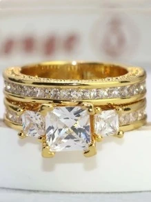 1 Pc Luxury Gold Color Rhinestones Zirconia Couple Rings Engagement Wedding Band Valentine's Day Gift Fashion Stainless Steel Rings Cute Women Zirconia Rings Set - Women's Rings - View 4