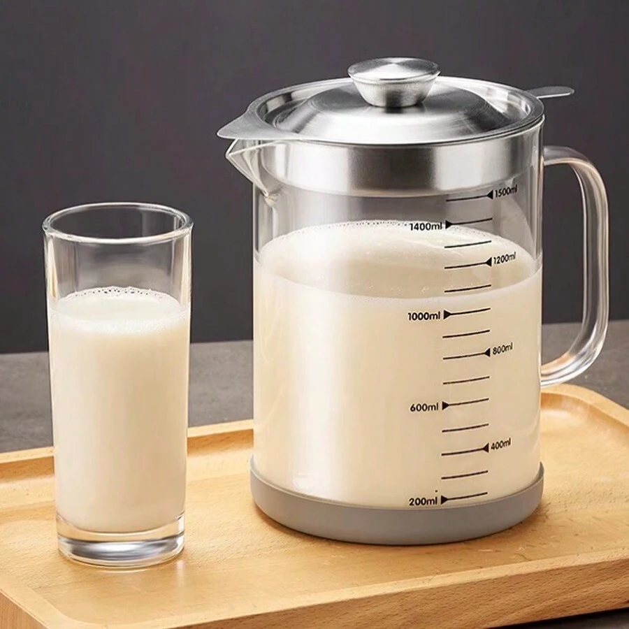 Han Xiao 1pc Glass Oil Filter Pot, High Temperature Resistant, Transparent Oil Residue Filter With Large Capacity And Filter Net For Oil Pouring, Can Be Used For Oil Storage, Kitchen Accessory, Small Tool - Silver - View 1