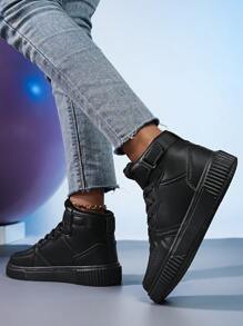 女士户外春秋新款时尚百搭凉爽舒适轻便透气薄款防滑耐穿纯色平底高帮运动鞋休闲运动鞋黑色 - 黑色 - 查看 6