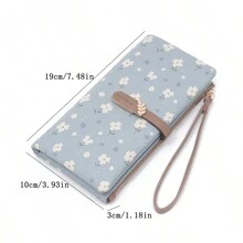 一款藍色印花便攜式長款錢包，2024夏季新款PU皮革甜美女大學風格多卡折疊可伸縮大容量長款錢包，可手腕攜帶，時尚潮流街頭流行的專屬女性拉鍊票夹文件卡片袋翻蓋手提錢包 - 淺藍色 - 查看 2
