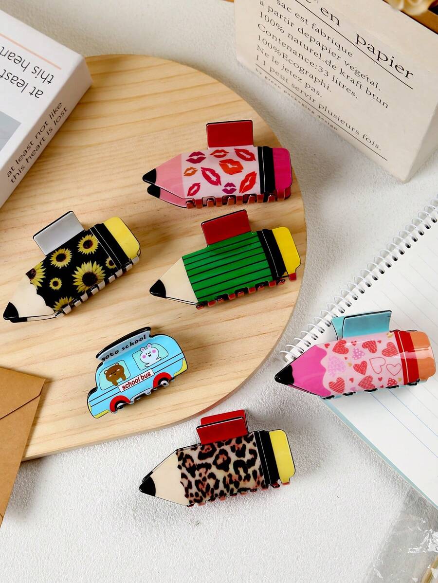 1入組可愛心形卡通鉛筆車造型髮夾，適用於日常大學風格，適用於浴室握持少量頭髮 - 彩色 - 查看 1