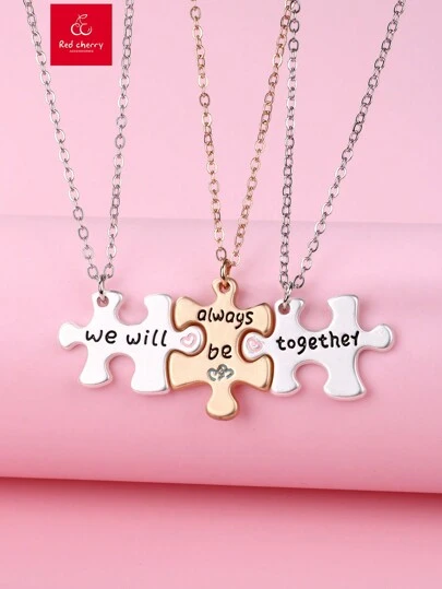 3pcs/Set Girls' Cute Puzzle Shaped Zinc Alloy Necklace Set, Electroplated In Matte Gold & Silver, Suitable For Best Friends To Wear As Daily Jewelry Gift