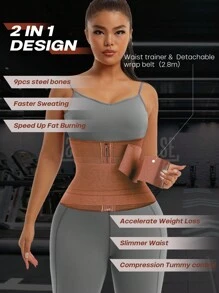 larrycard 1pc 2 In 1 Waist Trainer Belt Shapewear Corset Slimming Waist Flat Belly Faja With Zipper In Front, Sports