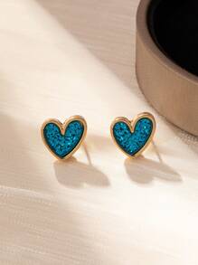 1pair Women's Stylish Blue Heart-Shaped Earrings - Blue - View 2