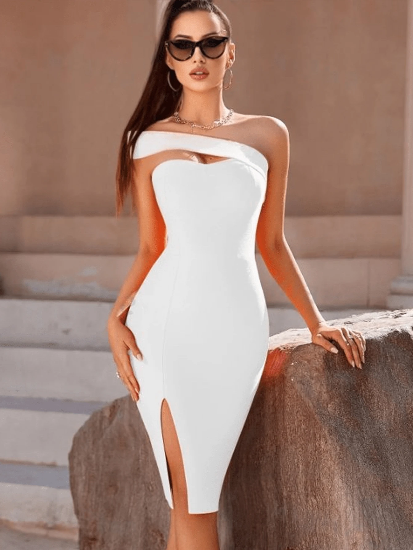 Vestido ajustado para fiestas asimetrico de moda - Blanco - Ver 1