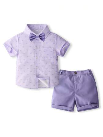 KIMOCAT Young Boy Summer Outfit, Short Sleeve Heart Print Purple Shirt And Shorts Set, 2pcs Gentleman Suit