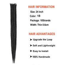 24inch Double Ended Dreadlock Extensions 10strands Straight Braids Thin 0.6cm Synthetic Handmade Reggae Crochet Hair Hip-Hop Soft Locs Dread Extensions - Black - View 2