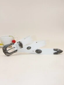 Plus Size Soft PU Leather Belt With Vintage Carved Buckle, Solid Color Waist Belt For Jeans, Women & Men Halloween Summer, School Fall, Autumn, Halloween