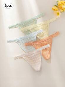 5入組女士純色蕾絲拼接低腰三角褲,性感舒適高彈性半透明蕾絲丁字褲,多色組合內衣套裝 - 彩色 - 查看 4