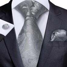 男士銀藍色絲質花卉格紋領帶，附口袋方巾和袖扣套組合，適用於婚禮 - 彩色 - 查看 24