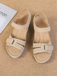 Women's Vintage Peep Toe Wedge Sandals 2024 New Arrival, Plus Size, Versatile Roman Style Flat Sandals, Fashionable Hook-And-Loop Women's Sandals, Car Line Hollow Out Comfortable 43 Yards Female Shoes - Beige - View 7