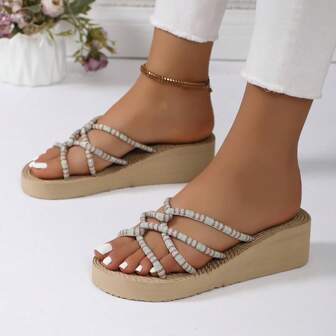 New INS Style Rainbow Strap Thick-Soled Flip Flops With Wedge Heels For Women's Summer Casual Beach Holiday