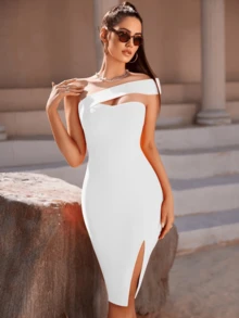 Vestido ajustado para fiestas asimetrico de moda - Blanco - Ver 3
