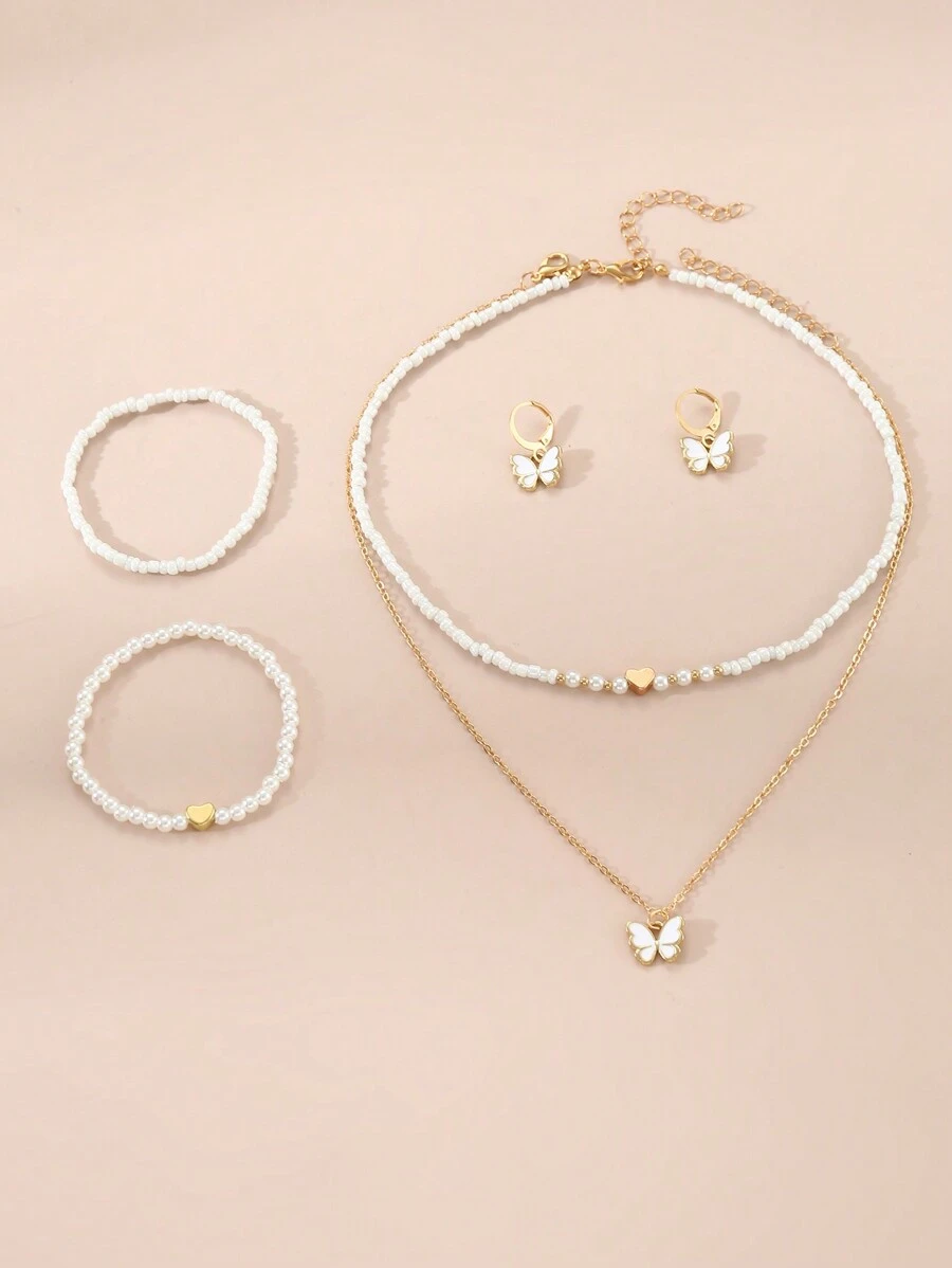 6pcs/Set Girls' Seed Bead Heart, Teardrop, Butterfly Necklace, Bracelet, Earrings Jewelry Set - Multicolor - View 1