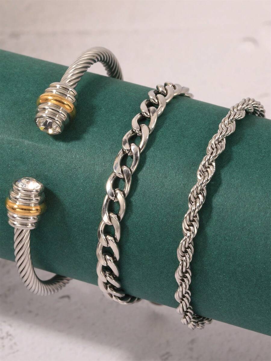 3入組全新簡約不凡的不鏽鋼女手鍊和手鐲，適用於平日佩戴 - 銀色 - 查看 1