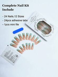 24入組長方形綠邊法式假指甲貼片禮盒，優雅明亮的畢業季必備品，附1件果凍膠和1支甲片文件裝 - 彩色 - 查看 2