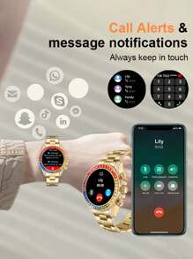 LIGE新時尚智能手錶，1.39英寸屏幕運動多種運動模式惰性提醒無線通話信息通知播放音樂呼吸羅盤鬧鐘相機控制手錶男女手錶 - 金色 - 查看 3