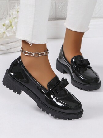 Women's New Vintage Chunky Heels Bow Decor Loafers, Fashion Penny Loafers, British Style Patent Leather Casual Flats, Comfortable Soft College Style, Ideal For Shopping And Everyday Wear All Year Round