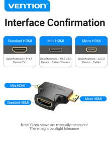 Vention 2合1 迷你hdmi轉微 Hdmi轉換器,迷你hdmi公轉微hdmi母轉換器,支援3d/4k 1080p,適用於筆記型電腦、監視器和投影機 - 黑色 - 查看 2
