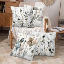 4pcs Simple & Stylish Watercolor Floral Pattern Decor Short Plush Pillow Cover & Sofa Cushion Cover For Outdoor Sofa Bed Chair
