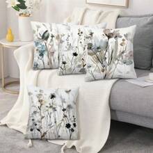 4pcs Simple & Stylish Watercolor Floral Pattern Decor Short Plush Pillow Cover & Sofa Cushion Cover For Outdoor Sofa Bed Chair