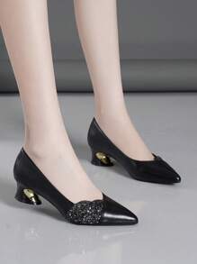 新款时尚舒适高跟鞋，镶有钻石，黑白银色工作鞋，尖头粗跟一脚蹬女鞋，百搭 - 黑色 - 查看 4