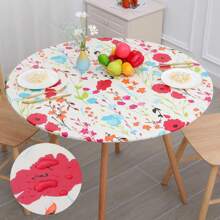 1pc Round Printed Tablecloth, Vinyl Elastic Waterproof Cover And Flannel Backing, Suitable For Picnic, Camping, Indoor And Outdoor Use - Multicolor - View 9