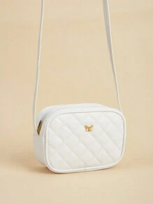 1pc Girls' Metal Bowknot Diamond Grid Stitching Simple Versatile Lightweight Shoulder Crossbody Bag - White - View 5