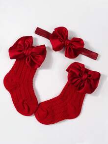 Baby Socks & Headband Set, 1pc Solid Color Bow Decorated Headband + 1 Pair Mid-Calf Walking Socks, Baby Gift - Burgundy - View 2