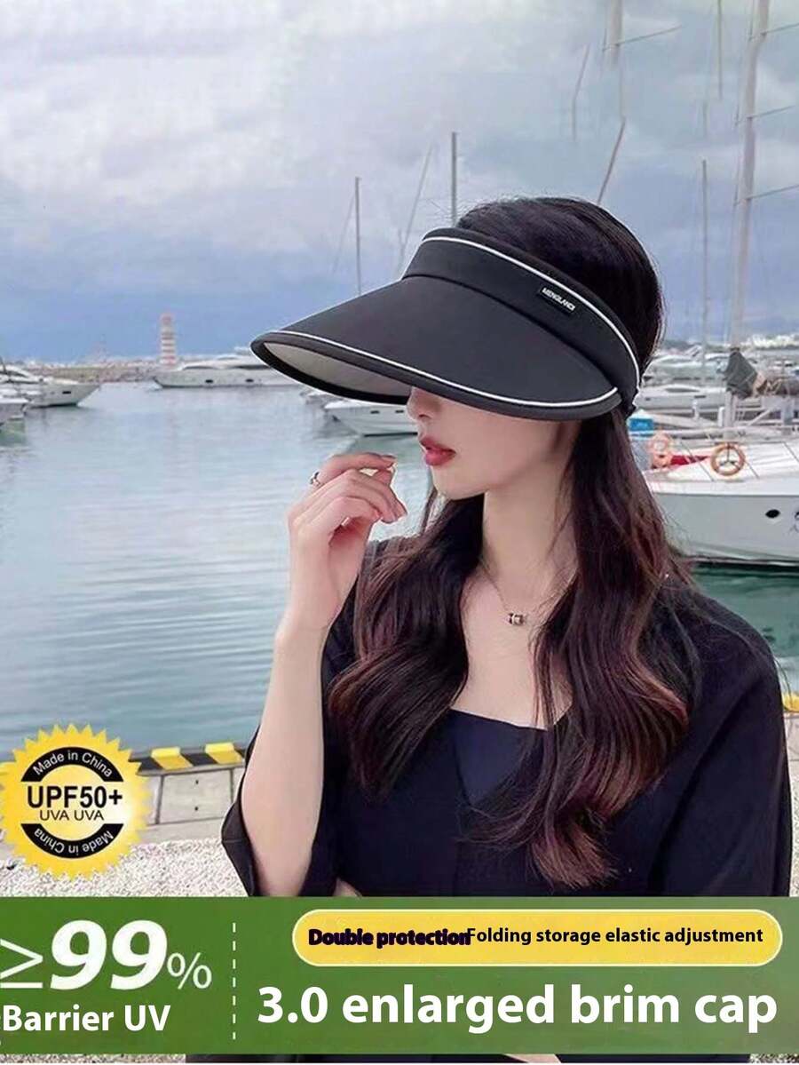 Sombrero protector solar con la parte superior abierta para mujeres, sombrero a prueba de viento para andar en bicicleta y sombrero plegable - Negro - Ver 1