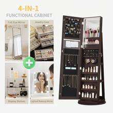 LVSOMT 360° Swivel Mirror Jewellery Cabinet, LED Full Length Mirror With Storage, Lockable Jewellery Armoire, Standing Mirror With Storage For Living Room Bedroom, White / Wood - Redwood - View 5