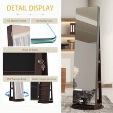 LVSOMT 360° Swivel Mirror Jewellery Cabinet, LED Full Length Mirror With Storage, Lockable Jewellery Armoire, Standing Mirror With Storage For Living Room Bedroom, White / Wood - Redwood - View 8