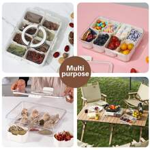 JYPS Caja de refrigerio con tapa y asa - bandeja de comida dividida para bandeja de barbacoa, recipiente transparente de almacenamiento para dulces, verduras, frutas, nueces y especias; contenedor de refrigerio portátil para fiestas y picnics