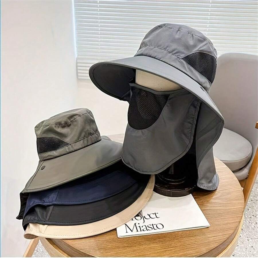 1pc Outdoor Sun Hat With Removable Face Cover, UV Protection Wide Brim Hat With Neck Flap For Hiking, Climbing, Fishing