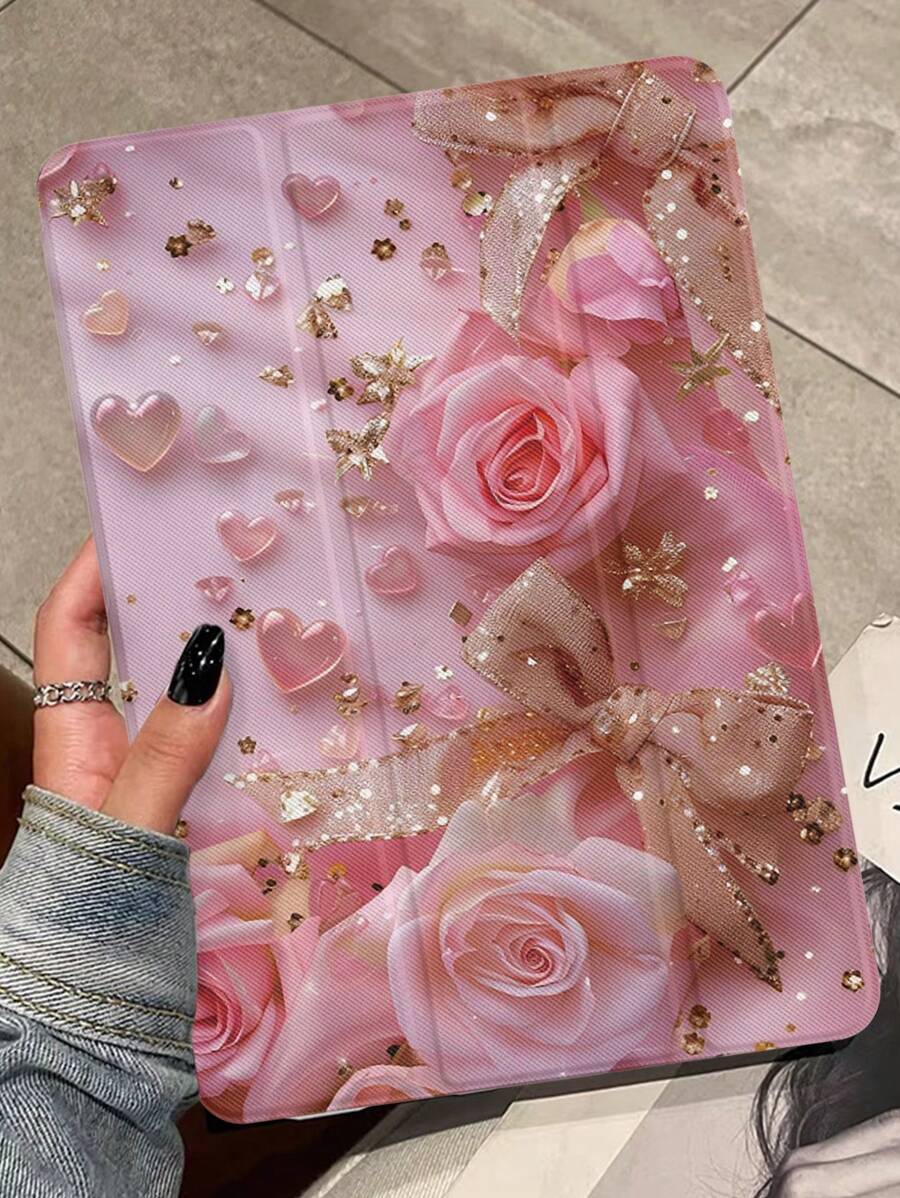 新款粉色花卉畫面iPad保護套，帶鉛筆插槽，三摺立架設計，適用於Apple iPad 8/9/10th Gen 和iPad Mini 6 10.2英寸2021版，以亞克力材料製造，防彎曲 - 彩色 - 查看 1