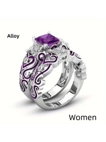 新款男士時尚情侶不鏽鋼戒指套裝，包括1件男戒和2件女婚戒，適用於婚禮、訂婚和派對 - 紫色 - 查看 12