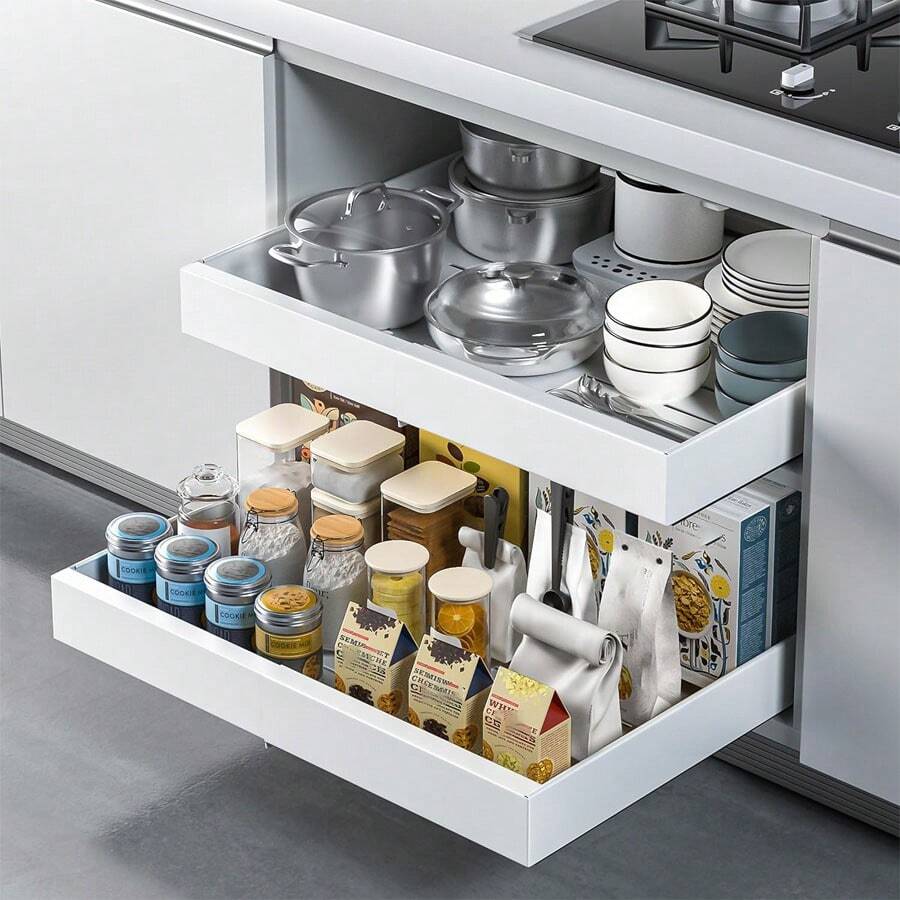1 件可扩展橱柜拉出式储物架，碳钢材质，剥离粘贴式滑动抽屉，可调节宽度 12.2 英寸-20.4 英寸，简化厨房和浴室储物、储物、厨房收纳、厨房用品、房间装饰、家居装饰、家居装饰、圣诞礼物、家居礼物、房间装饰 - 白色 - 查看 1
