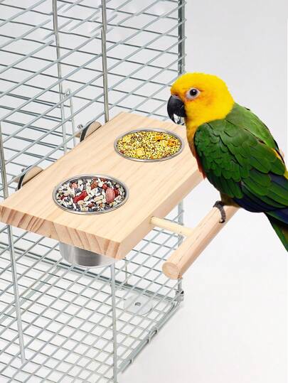 حامل خشبي للطيور بمنضدة من الفولاذ المقاوم للصدأ ووعاء ماء، مناسب لجميع المواسم والطيور الببغاء كمغذي
