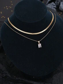 2pcs Stainless Steel Blade Shaped Pendant Necklace With Square Frame Copper Base And Sparkling Zirconia Stones, Double Layer, No Gift Box - Yellow Gold - View 3