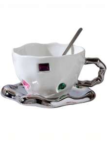 Juego De Taza Con Cuchara Y Plato, Taza para Café,Té, Leche, Taza bonita para bebidas calientes, Material de Ceramica, Taza con cuchara, taza de diferentes modelos y diseños, juego de taza, Diseño autentico SJ1727-1 - Blanco - Ver 4