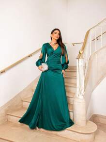 Vestido Longo de Festa Madrinhas Manga Longa com Detalhe Lateral Brittha Verde Petróleo - Verde - Visão 2