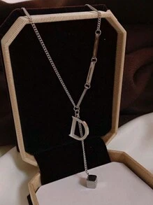 1 件钛钢金色字母 A-Z 吊坠项链，时尚可爱流苏方形字母组合项链适合女孩/女士，母亲节礼物珠宝 - 銀色 - 查看 2