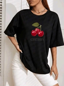 Women's Cherry T-Shirt Oversized Blouse 100% Cotton - Black - View 2