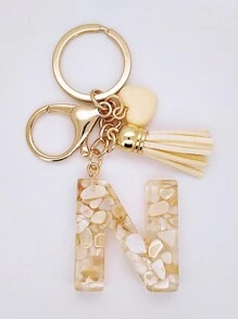 1pc Women's Beige Resin Keychain With Droplet Letter, Heart & Tassel Design, Creative Keyring Bag Charm, Gift For Friends Valentine's Day Valentines Car Accessories Backpack For School Cute Goth Y2k