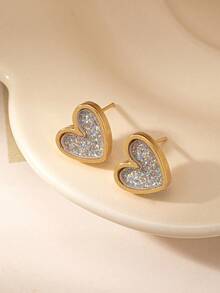 1pair Simple Heart Shaped Stud Earrings For Women, Daily Wear - Colorful - View 2