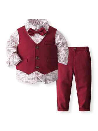 KIMOCAT 3pcs Children Suit Set: Vest, Polka Dot Shirt, Long Pants