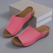 Women's Solid Color Backless Rubber Sole Slides With Microfiber Leather Upper, Summer Wedge Sandals - Pink - View 7
