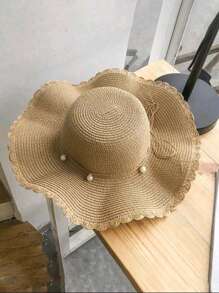 1pc Women's Straw Hat, Korean Version, Casual & Versatile, For Traveling, Sun Protection, Beach, Vacation, Fisherman Style - Pearl Straw Hat - View 3