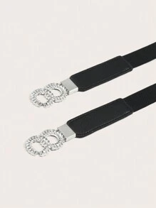 1 件简单百搭的弹性 PU 皮革腰带，带金属扣装饰，适合西式西装/毛衣/连衣裙/衬衫/外套，黑色万圣节夏季、秋季、万圣节 - 黑色 - 查看 2