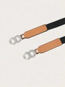 1 件简单百搭的弹性 PU 皮革腰带，带金属扣装饰，适合西式西装/毛衣/连衣裙/衬衫/外套，黑色万圣节夏季、秋季、万圣节 - 黑色 - 查看 3